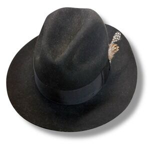 Stacy‎ Adams -  Black Men's Fedora Hat Size M - Ribbon Band Feather Pin